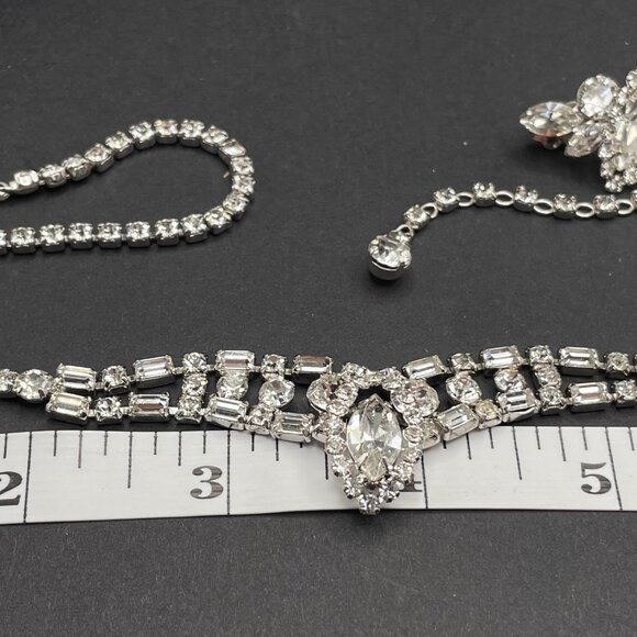 Vintage Signed Sherman Necklace Earring Set Clear Rhinestone Clip on Swarovski - Picture 7 of 11
